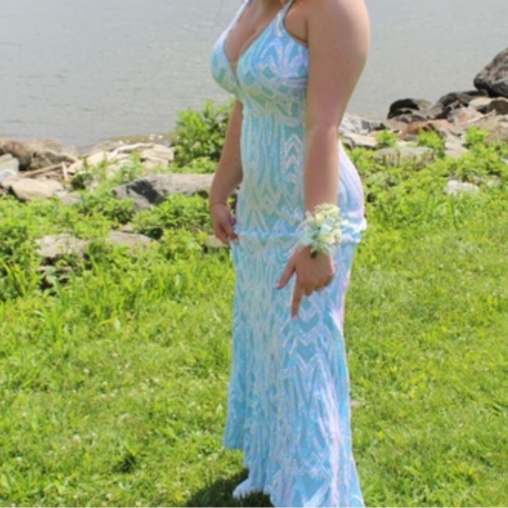 Elegant Blue and White Prom Dress